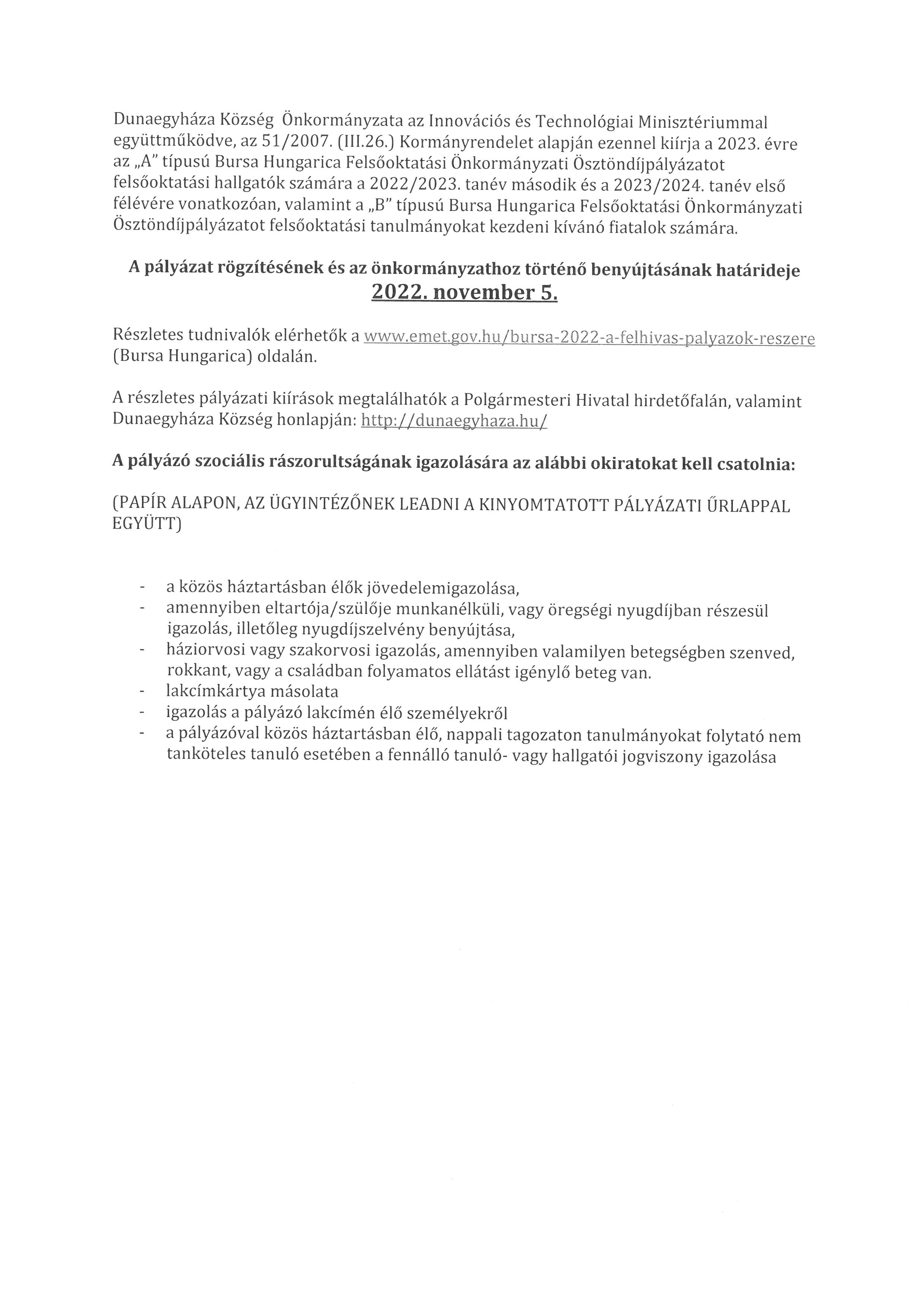 Bursa Hungarica Felsőoktatási Önkormányzati Ösztöndíjpályázat felhívás